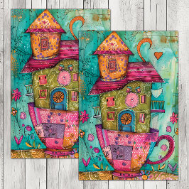 WEIZLICHE TEE-CUP-HAUS DECOUPAGE GEWEBE PAPIER