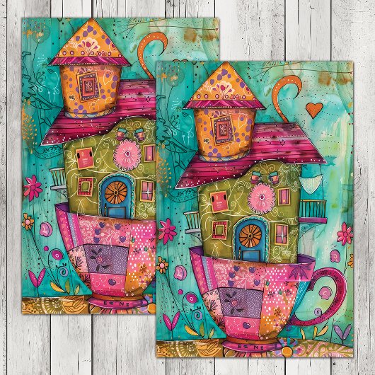 WEIZLICHE TEE-CUP-HAUS DECOUPAGE GEWEBE PAPIER