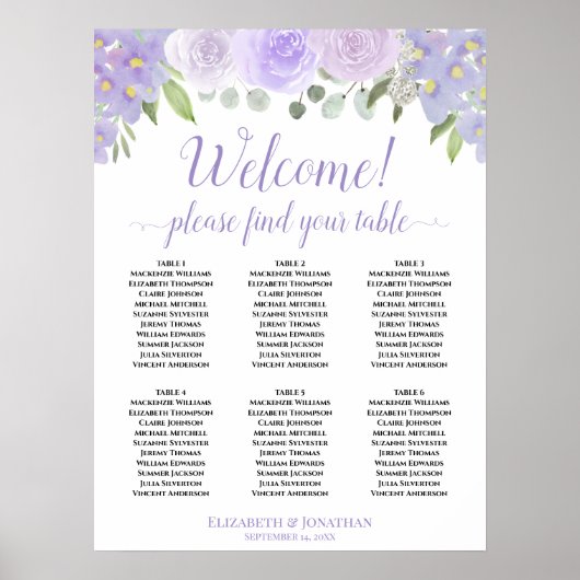 Welcome! 6 Table Lavender Roses Boho Seating Chart Poster (Vorne)