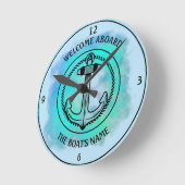 Welcome Aboard Your Boat's Name Anchor Blue Green Runde Wanduhr (Winkel)