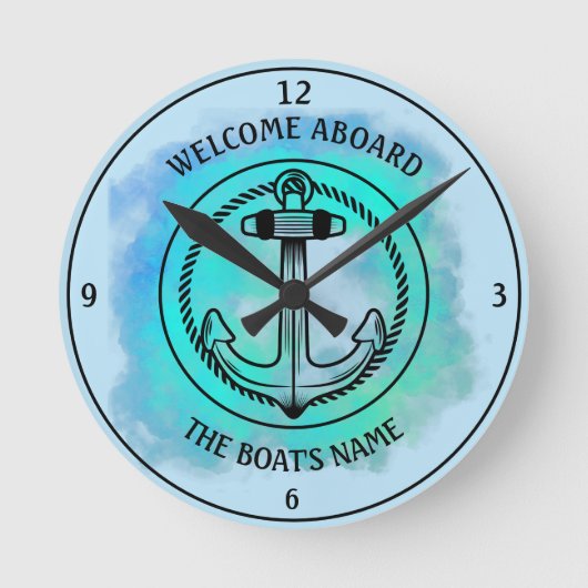 Welcome Aboard Your Boat's Name Anchor Blue Green Runde Wanduhr (Vorderseite)