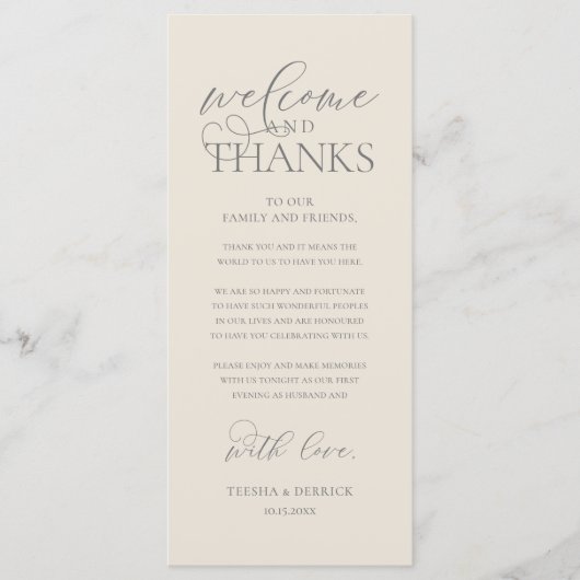 "Welcome and Thanks" Classy Reception Guest Card Programm (Vorderseite)