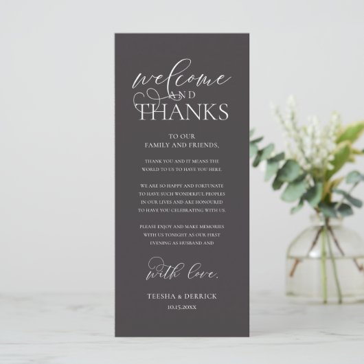 "Welcome and Thanks" Classy Reception Guest Card Programm (Stehend Vorderseite)