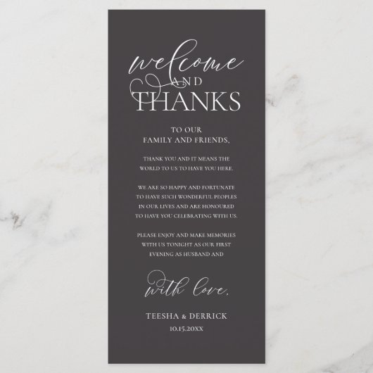 "Welcome and Thanks" Classy Reception Guest Card Programm (Vorderseite)