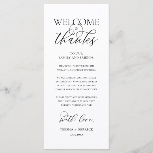 "Welcome and Thanks" Elegant Reception Guest Card Programm (Vorderseite)