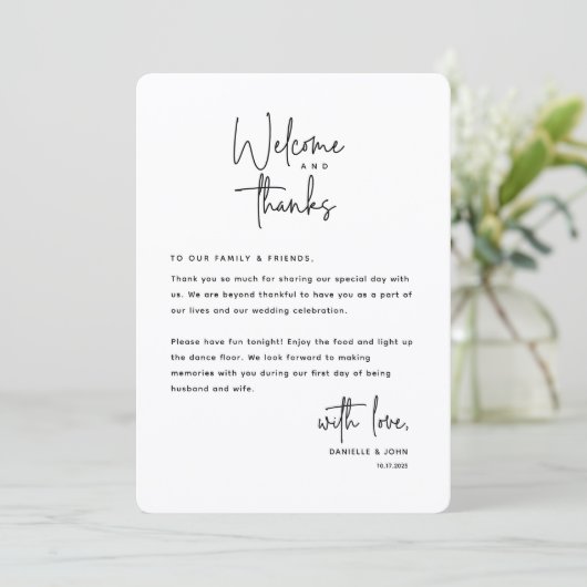 Welcome and Thanks, Place Setting Thank You Card Programm (Stehend Vorderseite)