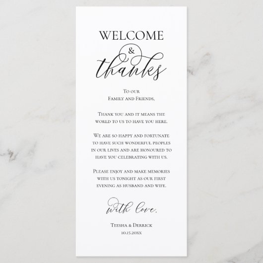 Welcome and Thanks Reception Dinner Thank You Card Programm (Vorderseite)