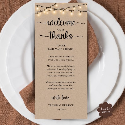 "Welcome and Thanks" Rustic Reception Guest Card Programm