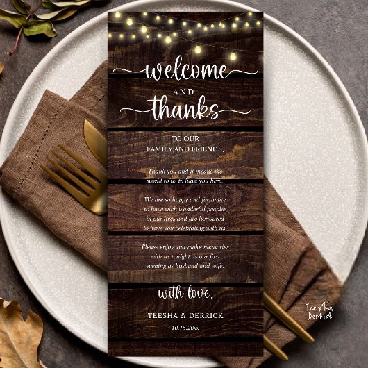 "Welcome and Thanks" Rustic Reception Guest Card Programm