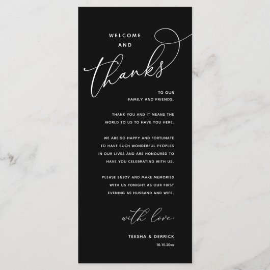 Welcome and Thanks, Wedding Dinner Thank You Card Programm (Vorderseite)