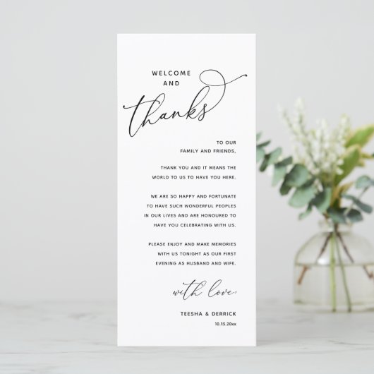 Welcome and Thanks, Wedding Dinner Thank You Card Programm (Stehend Vorderseite)