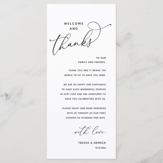Welcome and Thanks, Wedding Dinner Thank You Card Programm (Vorderseite)