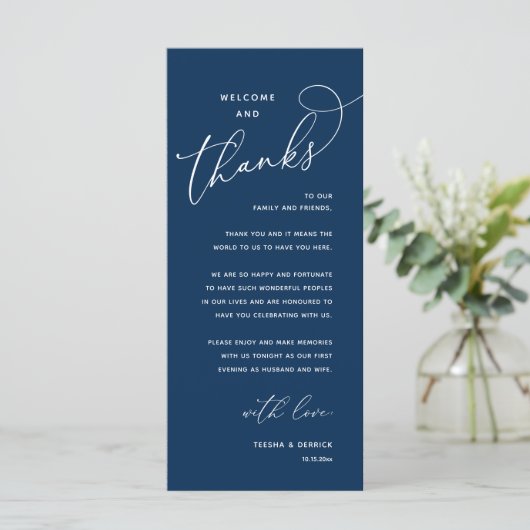 Welcome and Thanks, Wedding Dinner Thank You Card Programm (Stehend Vorderseite)