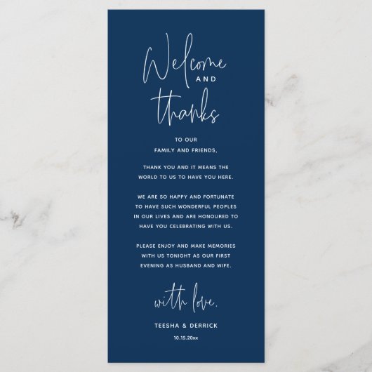 Welcome and Thanks, Wedding Dinner Thank You Card Programm (Vorderseite)