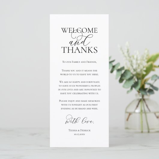 Welcome and Thanks Wedding Dinner Thank You Card Programm (Stehend Vorderseite)