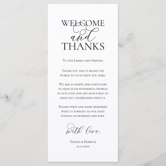 Welcome and Thanks Wedding Dinner Thank You Card Programm (Vorderseite)