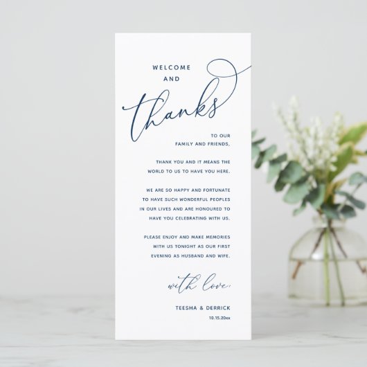 Welcome and Thanks, Wedding Dinner Thank You Card Programm (Stehend Vorderseite)