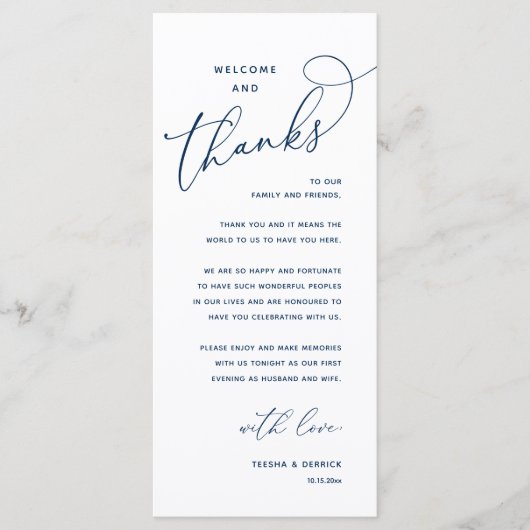 Welcome and Thanks, Wedding Dinner Thank You Card Programm (Vorderseite)