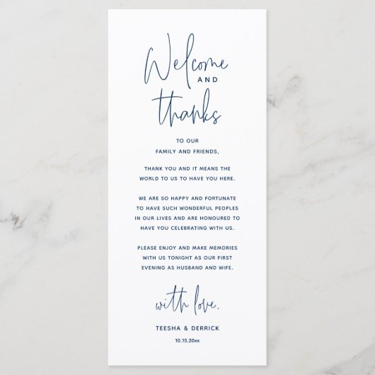 Welcome and Thanks, Wedding Dinner Thank You Card Programm (Vorderseite)
