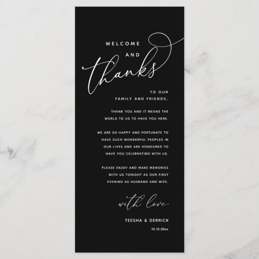 Welcome and Thanks, Wedding Dinner Thank You Card Programm (Vorderseite)