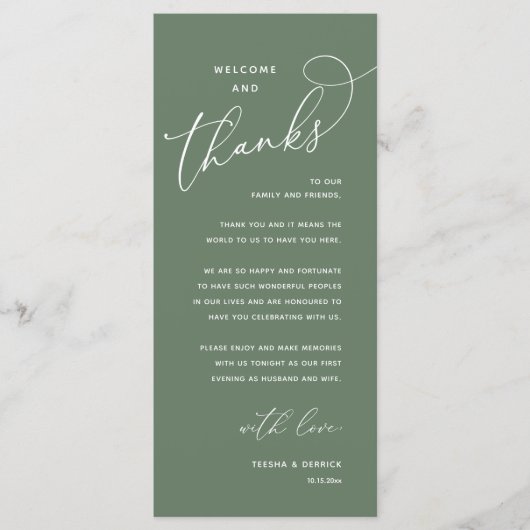 Welcome and Thanks, Wedding Dinner Thank You Card Programm (Vorderseite)