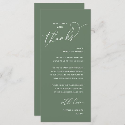 Welcome and Thanks, Wedding Dinner Thank You Card Programm (Vorne/Hinten)