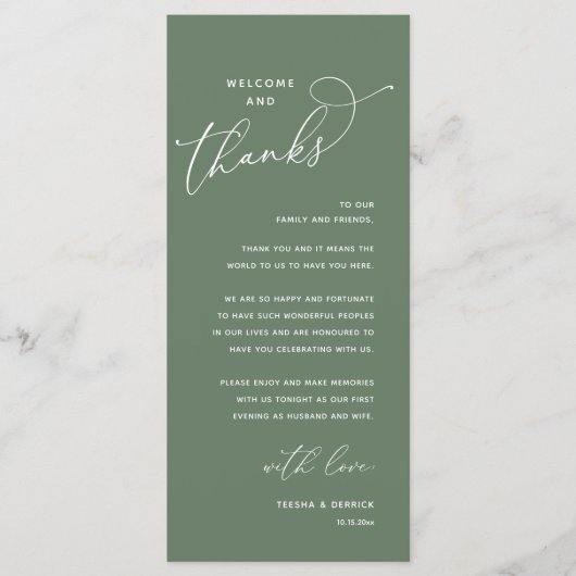 Welcome and Thanks, Wedding Dinner Thank You Card Programm (Vorderseite)