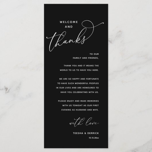 Welcome and Thanks, Wedding Dinner Thank You Card Programm (Vorderseite)