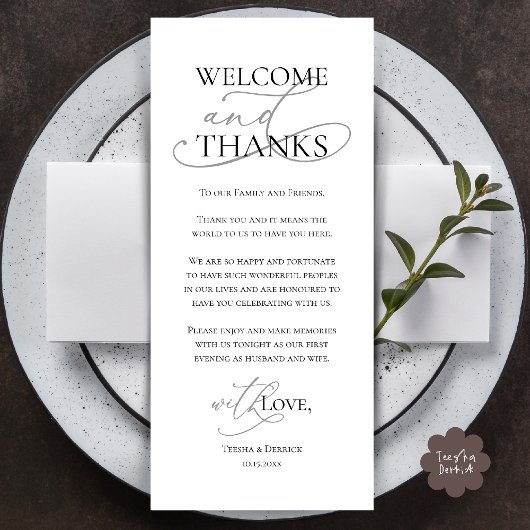 Welcome and Thanks, Wedding Dinner Thank You Card Programm