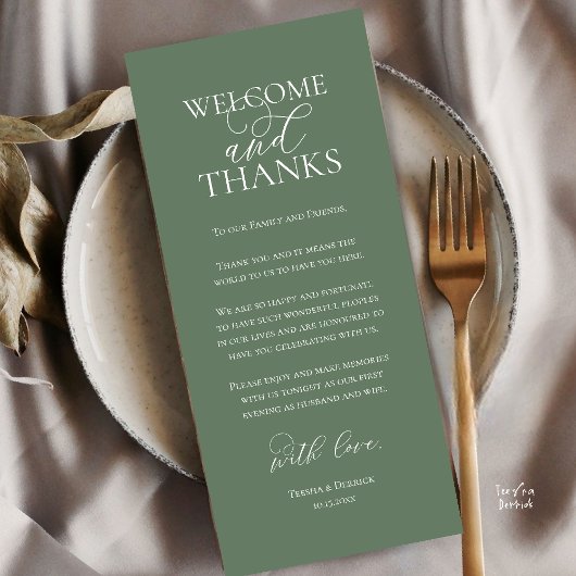 Welcome and Thanks Wedding Dinner Thank You Card Programm