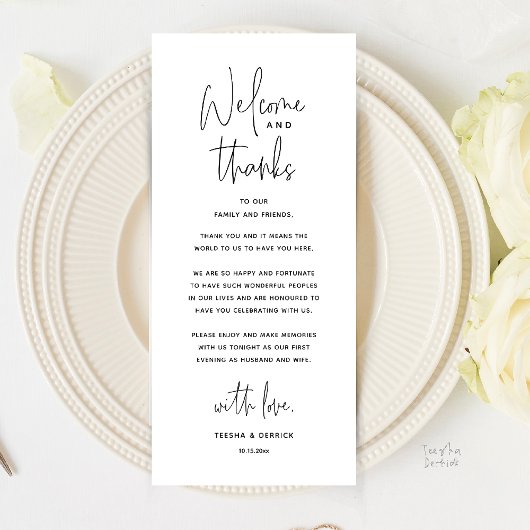 Welcome and Thanks, Wedding Dinner Thank You Card Programm