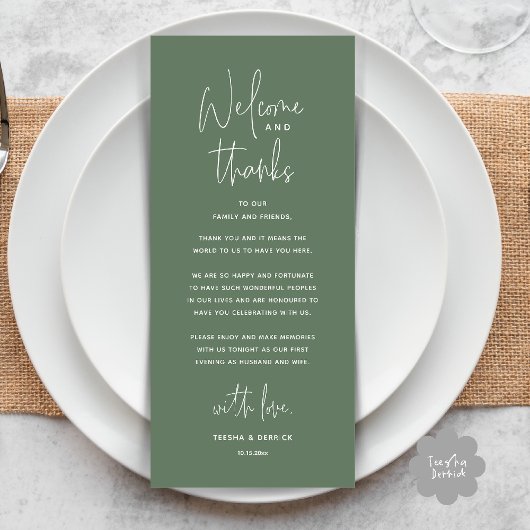 Welcome and Thanks, Wedding Dinner Thank You Card Programm