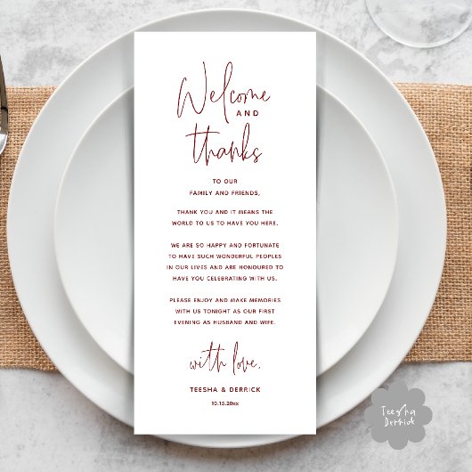 Welcome and Thanks, Wedding Dinner Thank You Card Programm