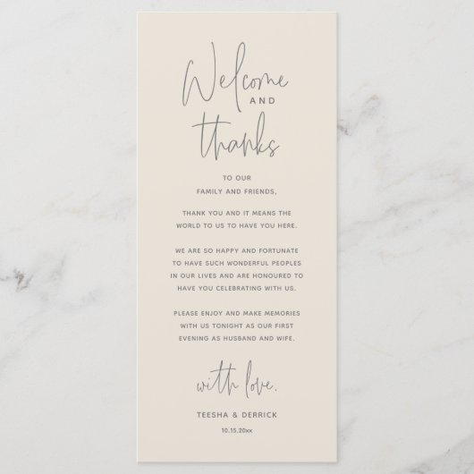 Welcome and Thanks, Wedding Dinner Thank You Card Programm (Vorderseite)