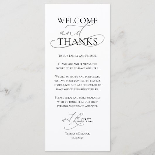 Welcome and Thanks, Wedding Dinner Thank You Card Programm (Vorderseite)