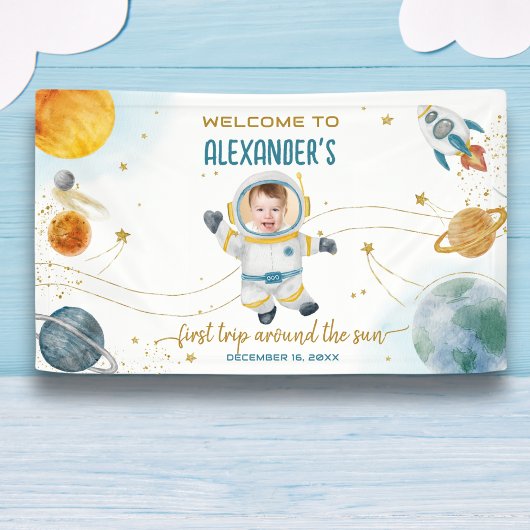 Welcome Around the Sun Space Photo First Birthday Banner