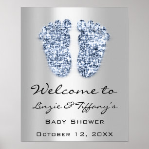 Welcome Baby Blue Feet Baby Shower Boy Silver Poster