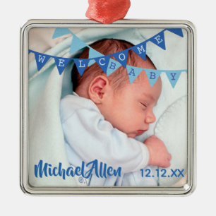 Welcome Baby Boy Blue Banners   Datum, Name, Foto Silbernes Ornament