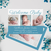 Welcome Baby Boy Blue Foto Kursive Skriptgeburt Ankündigung