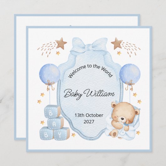 Welcome Baby Boy Blue Frame Teddy Bear Card (Vorne/Hinten)