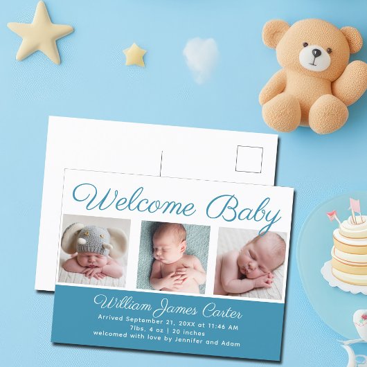 Welcome Baby Boy Blue Niedlich Neugeborenes Foto B Postkarte