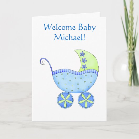 Welcome Baby Boy Name Personalisiert Blue Buggy Karte (Vorderseite)