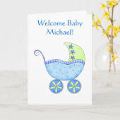 Welcome Baby Boy Name Personalisiert Blue Buggy Karte (Gelbe Blume)