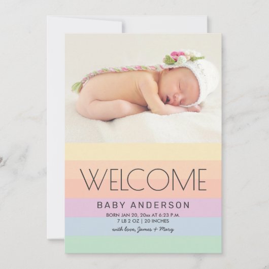 Welcome Baby Elegant Pastel Rainbow Foto Birth Ankündigung (Vorderseite)
