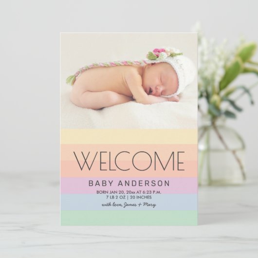 Welcome Baby Elegant Pastel Rainbow Foto Birth Ankündigung (Stehend Vorderseite)