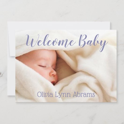 Welcome Baby Foto Card Lila Ankündigung (Vorderseite)