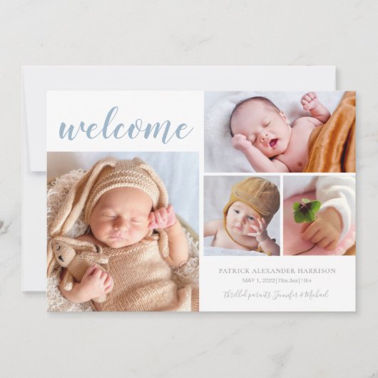 Welcome Baby Foto Collage Blue Birth Ankündigung (Vorderseite)