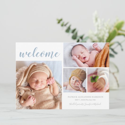 Welcome Baby Foto Collage Blue Birth Ankündigung (Stehend Vorderseite)