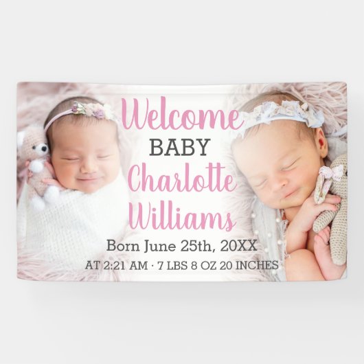 Welcome Baby Girl Ankündigung 2 Foto Banner (Horizontal)