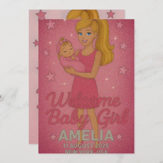 Welcome Baby Girl - Barbie's Sparkling Embrace Einladung (Vorne/Hinten)